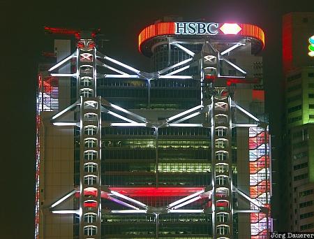 HSBC Main Building, China, Hong Kong, red, artificial light, night, glass, facade, skyscraper