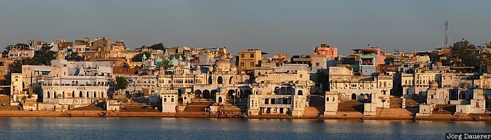 India, Rajasthan, Pushkar, blue sky, holy lake, lake, morning light