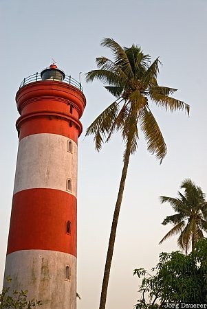 Alleppey, blue sky, evening light, India, lighthouse, palm tree, red