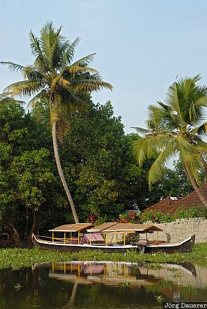 Kumarakom Backwaters backwaters, blue sky, boat, Chathanthara B.O, evening light, India, Kerala