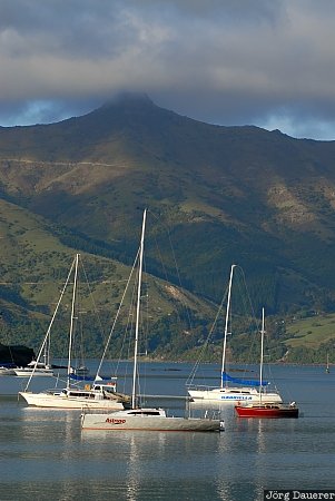 Boats and Fog Akaroa, New Zealand, Akaroa Harbour, Banks peninsula, boats, Canterbury, coast, Neuseeland