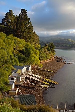Boathouses Barrys Bay, Duvauchelle, New Zealand, Akaroa Harbour, banks peninsula, beach, boathouses, Neuseeland