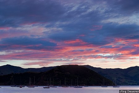 Sunrise Clouds, Duvauchelle, French Farm, New Zealand, Akaroa Harbour, banks peninsula, boats, Canterbury, pacific ocean, red clouds