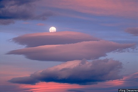 Moon and clouds, Glendhu, New Zealand, Wanaka, Otago, clouds, evening light, moon, mountains