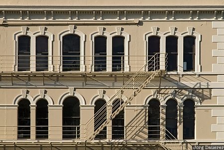 Fire Ladder, Dunedin, New Zealand, facade, fire escape, ladder, Otago, shadow, windows