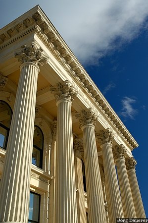 New Zealand, Oamaru, blue sky, columns, door, facade, limestone, Otago, Neuseeland