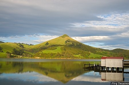 Boathouse and Harbour Cone Boathouse and Harbour Cone, New Zealand, Otago, Portobello, boat shed, boathouse, clouds, hoopers inlet, morning light, otago Peninsula