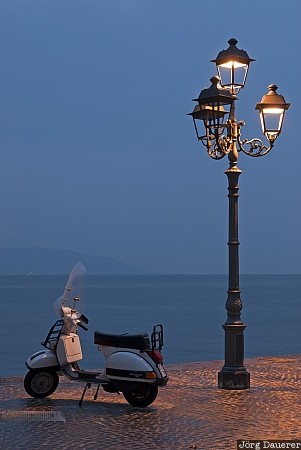 Motorino and Lamp blue hour, Gargnano, Italy, Lago di Garda, lake, Lake Garda, Lombardia, Italien, Italia