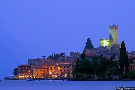 Malcesine and Lake Garda beach, blue hour, castle, Castello Scaligero, flood-lit, illumination, Italy, Veneto, Malcesine, Italien, Italia