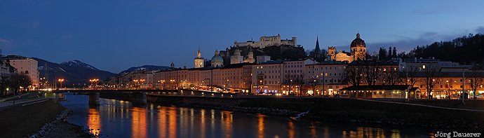 Festung Hohensalzburg, artificial light, caslte, evening light, blue hour, reflexion, river, Austria, &Ouml;sterreich, Oesterreich