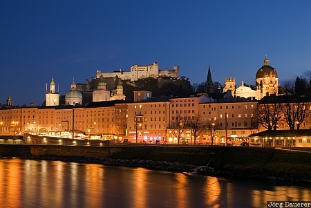 artificial light, blue hour, castle, evening light, Festung Hohensalzburg, reflexion, river, Austria, &Ouml;sterreich, Oesterreich