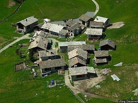 Switzerland, Graub&uuml;nden, Grevasalvas, valley, meadow, village, roofs, Schweiz, Graubuenden