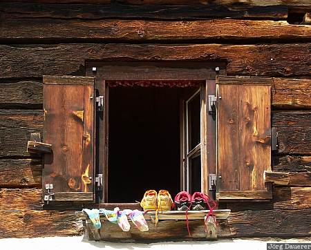 Switzerland, Graub&uuml;nden, Grevasalvas, shoe, shoes, shutters, window, Schweiz, Graubuenden