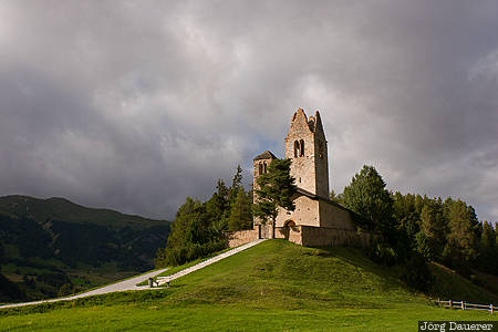 Celerina, Celerina/Schlarigna, CHE, Kanton Graub&uuml;nden, Switzerland, church, dark clouds, Graub&uuml;nden, Schweiz, Graubuenden