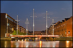 Capital Region, Denmark, DNK, blue hour, bridge, Cirkelbroen, evening light, flood lit, reflexion