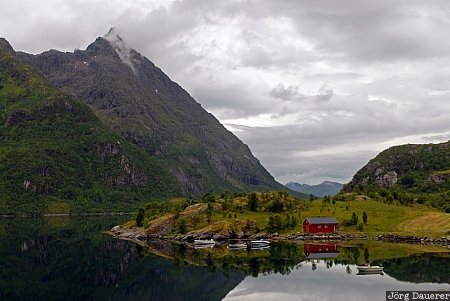 Austv&aring;g&oslash;y, boat, boats, Budalen, clouds, Fiskeb&oslash;l, hut, Norway, Nordland, Norwegen, Norge