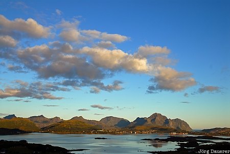 blue sky, clouds, coast, Lofoten, Lofoten archipelago, morning light, mountain, Norway, Nordland, Norwegen, Norge