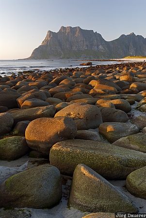 beach, boulder, coast, evening light, Lofoten, Lofoten archipelago, mountains, Norway, Nordland, Norwegen, Norge