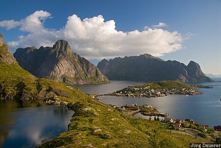 Moskenesøy Nordland, Norway, Reine, archipelago, blue sky, clouds, coast, Norwegen, Norge