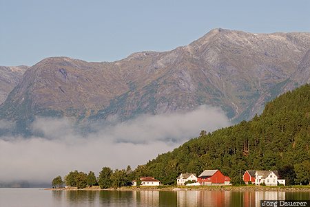 Hjelle, Loen, Norway, Sogn og Fjordane, fog, lake, morning light, Norwegen, Norge