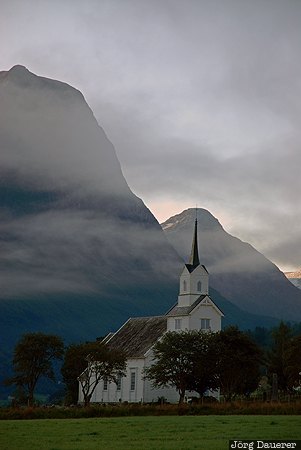 Hjelle, Loen, Norway, Sogn og Fjordane, church, fog, mountains, Norwegen, Norge