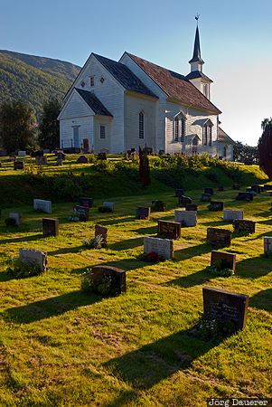 Norway, Sogn og Fjordane, Stryn, back-lit, church, evening light, grass, Norwegen, Norge