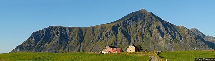 Flakstadøya blue sky, Flakstad, Flakstadøya, Fredvang, green, houses, Lofoten, Norway, Norwegen, Norge