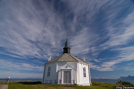 Dverberg Church Andøya, blue sky, chapel, church, clouds, Dverberg, Nordland, Norway, Norwegen, Norge