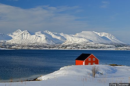 Red Hut Harstad, NOR, Norway, Troms, Undlandet, blue sky, clouds, Nordland, Norwegen, Norge