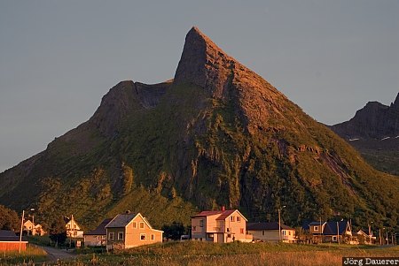 buildings, Ersfjord, evening light, houses, mountains, Norway, peaks, Troms, Norwegen, Norge
