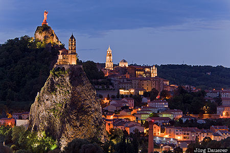 Aiguilhe, Auvergne, FRA, France, basalt peak, blue hour, church, Frankreich