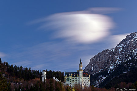 alps, Bavaria, blue hour, castle, clouds, evening light, flood-lit, Germany, Schwangau, Deutschland, Bayern