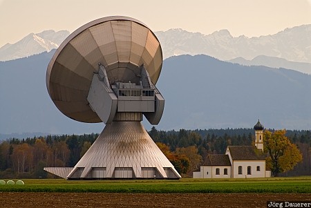 Bavaria, bavarian alps, chapel, Erdfunkstelle, Germany, Raisting, satellite transceiver dish, Deutschland, Bayern