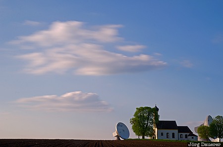 Erdfunkstelle Raisting Bavaria, bavarian alps, blue sky, chapel, clouds, Erdfunkstelle, evening light, Germany, Raisting, Deutschland, Bayern