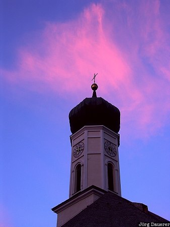 Jachenau, Bavaria, Oberbayern, church, red clouds, evening, sunset, Germany, Deutschland, Bayern