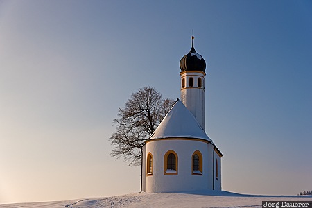 Bavaria, blue sky, chapel, church, Eismerszell, kapelle, snow, Germany, Moorenweis, Deutschland, Bayern