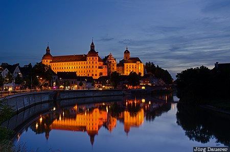 Neuburg Castle Bavaria, blue hour, castle, Danube, evening light, flood-lit, Oberbayern, Germany, Neuburg, Deutschland, Bayern