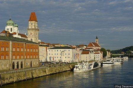 Danube River in Passau Bavaria, Lower Bavaria, buildings, clouds, Danube, houses, morning light, Germany, Passau, Deutschland, Bayern