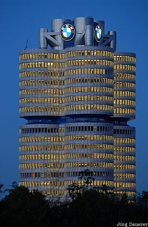 Germany, Bavaria, Munich, blue hour, night, skyscraper, BMW Vierzylinder, Deutschland, Bayern, M&uuml;nchen, Muenchen