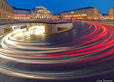Nationaltheater Bavaria, blue hour, evening light, flood-lit, light trails, Opera House, DEU, Germany, Munich, Deutschland, Bayern, München, Muenchen