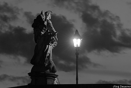 Statue and Street Lamp Statue and Street Lamp, Alte Mainbrücke, Bavaria, black and white, bridge, clouds, franconia, Germany, Main, statue