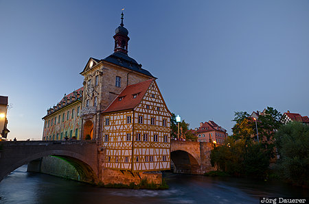 Old town hall Bamberg, Bavaria, blue hour, evening light, flood-lit, half-timber, Old town hall, Germany, Deutschland, Bayern
