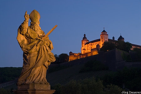 Saint Kilian alte mainbrücke, bavaria, blue hour, Festung Marienberg, flood light, Lower Franconia, Unterfranken, Germany, Würzburg, Deutschland, Bayern, Wuerzburg