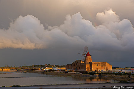 ITA, Italy, windmill, clouds, morning light, rainbow, Mediterranean sea, Sicily, Marsala, Italien, Italia, Sizilien, Sicilia
