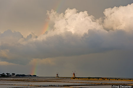 ITA, Italy, windmill, clouds, morning light, rainbow, Mediterranean sea, Sicily, Marsala, Italien, Italia, Sizilien, Sicilia