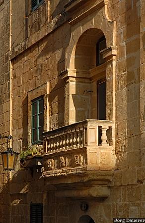 Malta, Mdina, balcony, balustrade, morning light, windows