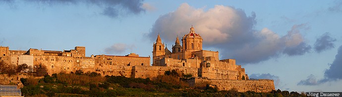 Malta, Mdina, blue sky, cathedral, church, clouds, colorful clouds