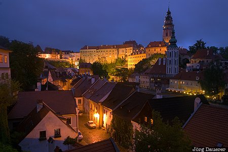 alley, blue hour, castle, Cesk&yacute; Krumlov, city, Czech Republic, floodlit, South Bohemia, Tschechien, S&uuml;db&ouml;hmen, Jihocesk&yacute; kraj, Suedboehmen, Jihocesky kraj