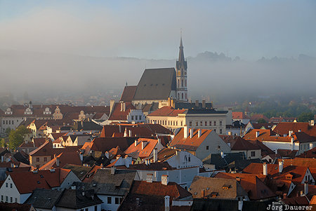 Cesk&yacute; Krumlov, Czech Republic, church, fog, houses, Jihocesk&yacute; kraj, Krumau, Tschechien, Cesky Krumlov