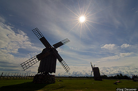 Angla Windmill EST, Estonia, Karja, Saaremaa, Angla Windmill, back-lit, Baltic Sea, Kuressaare